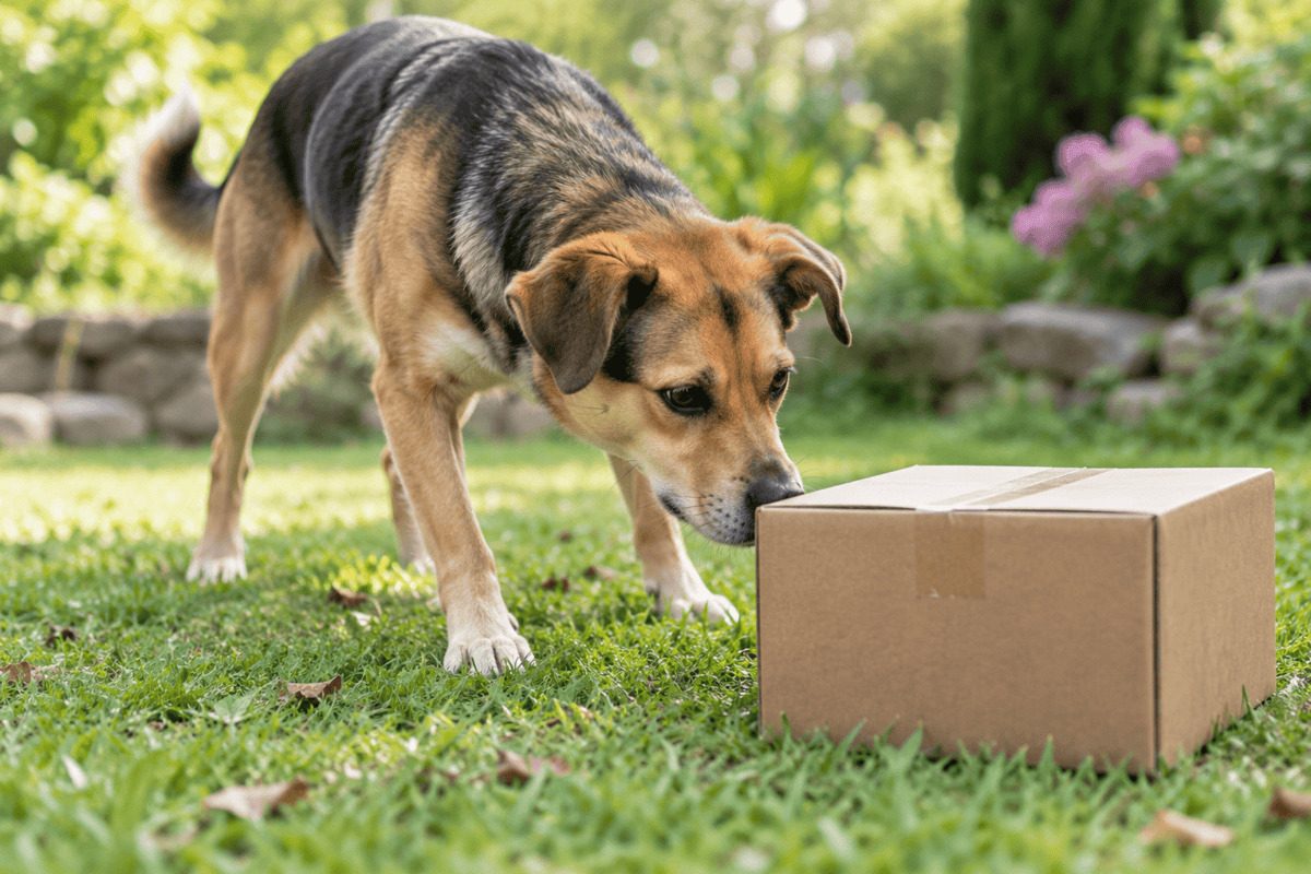 Ein braun-schwarzer Mischlingshund untersucht neugierig einen geschlossenen Karton auf einer grünen Wiese. Mit gesenktem Kopf schnuppert er vorsichtig an dem unbekannten Gegenstand.