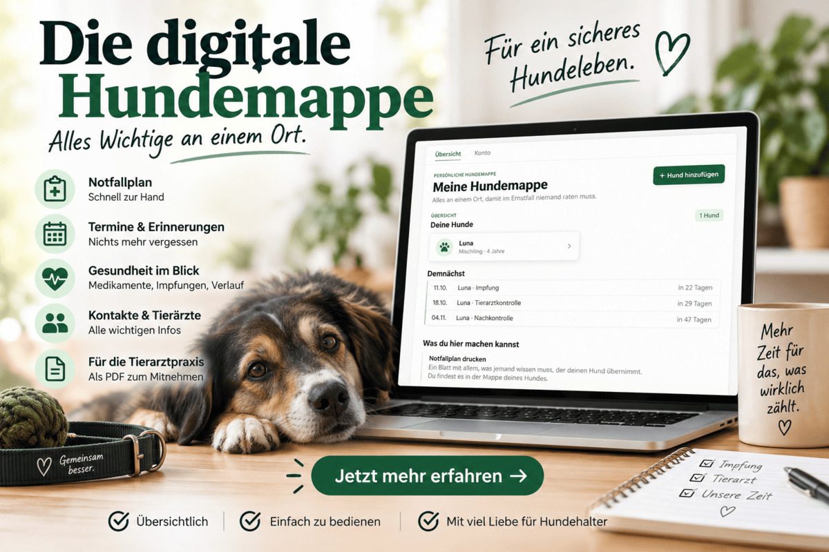 Die digitale Hundemappe auf einem Laptop: Notfallplan, Termine, Gesundheit und Kontakte an einem Ort.