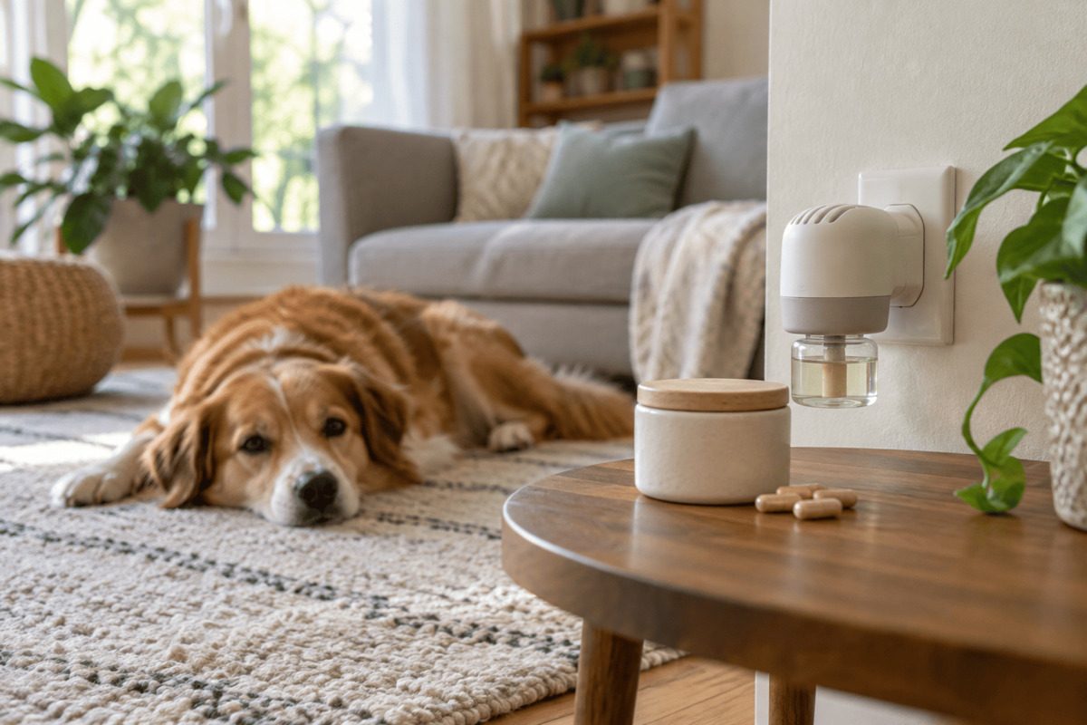 Entspannter Hund liegt in einem Wohnzimmer auf einem Teppich, während im Vordergrund ein Pheromonzerstäuber an der Wand und ein neutrales Ergänzungsmittelgefäß auf einem Tisch stehen. Natürliches Tageslicht, ruhige häusliche Umgebung.