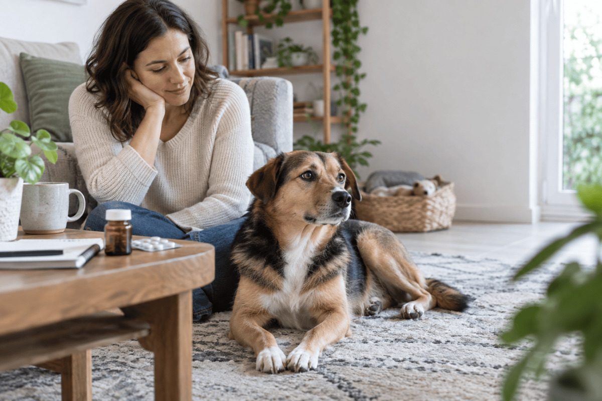 Frau sitzt mit ihrem entspannten Hund in einem hellen Wohnzimmer; auf dem Tisch liegen ein Medikamentenfläschchen, Tabletten und ein Notizbuch.