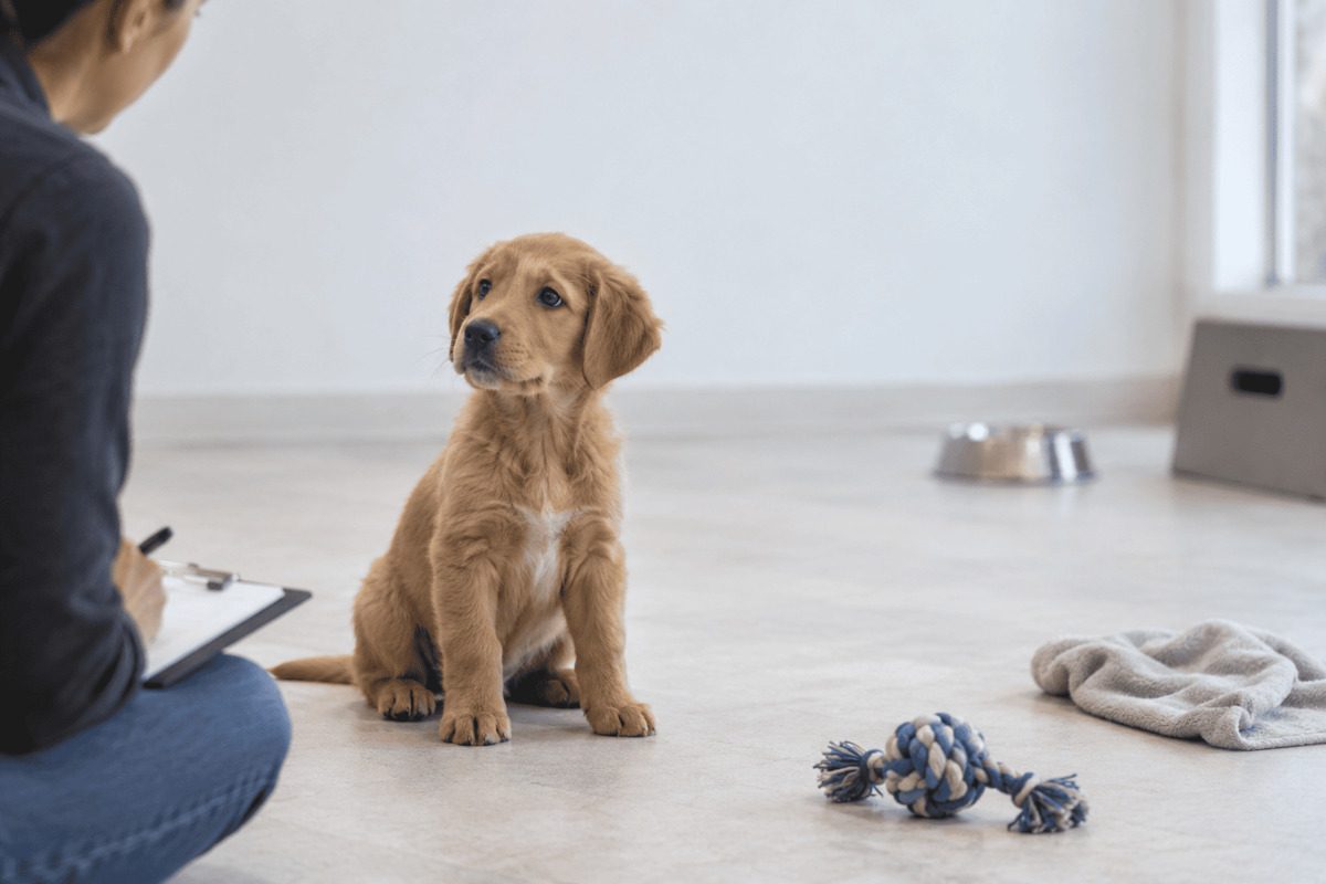 A young puppy sitting calmly on the floor while a person observes and makes notes on a clipboard, illustrating a behavioral assessment session.