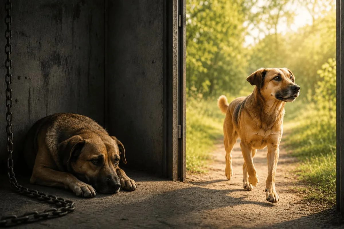A dog lies withdrawn and motionless in a dark, enclosed space while another dog walks confidently toward a sunlit outdoor environment, symbolizing the contrast between learned helplessness, loss of control, and the restoration of agency, choice, and behavioral recovery.