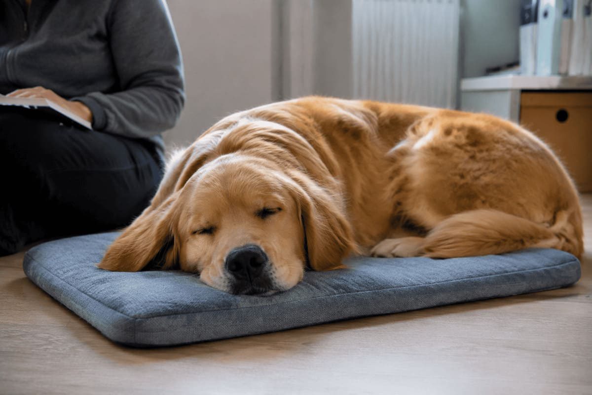 A sleeping dog lying peacefully on a comfortable bed in a quiet home environment, with a person sitting nearby. The relaxed scene illustrates rest and recovery after learning or activity.