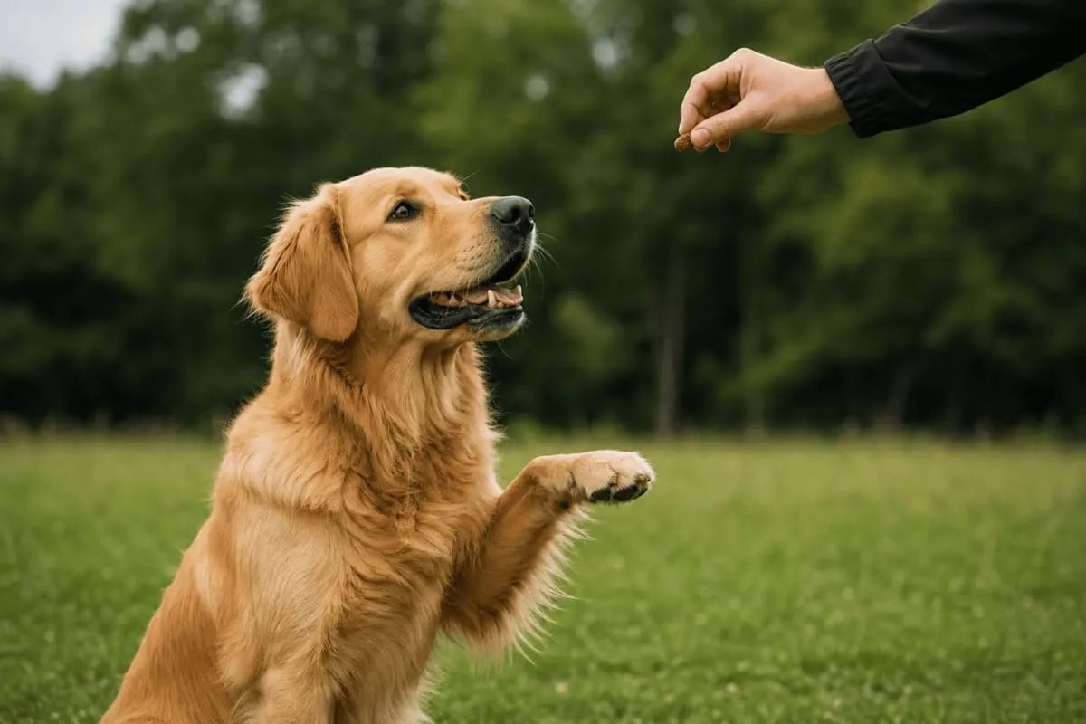 Golden Retriever sitting on grass raising a paw while focusing on a treat held by a person’s hand in an outdoor setting with a blurred natural background.