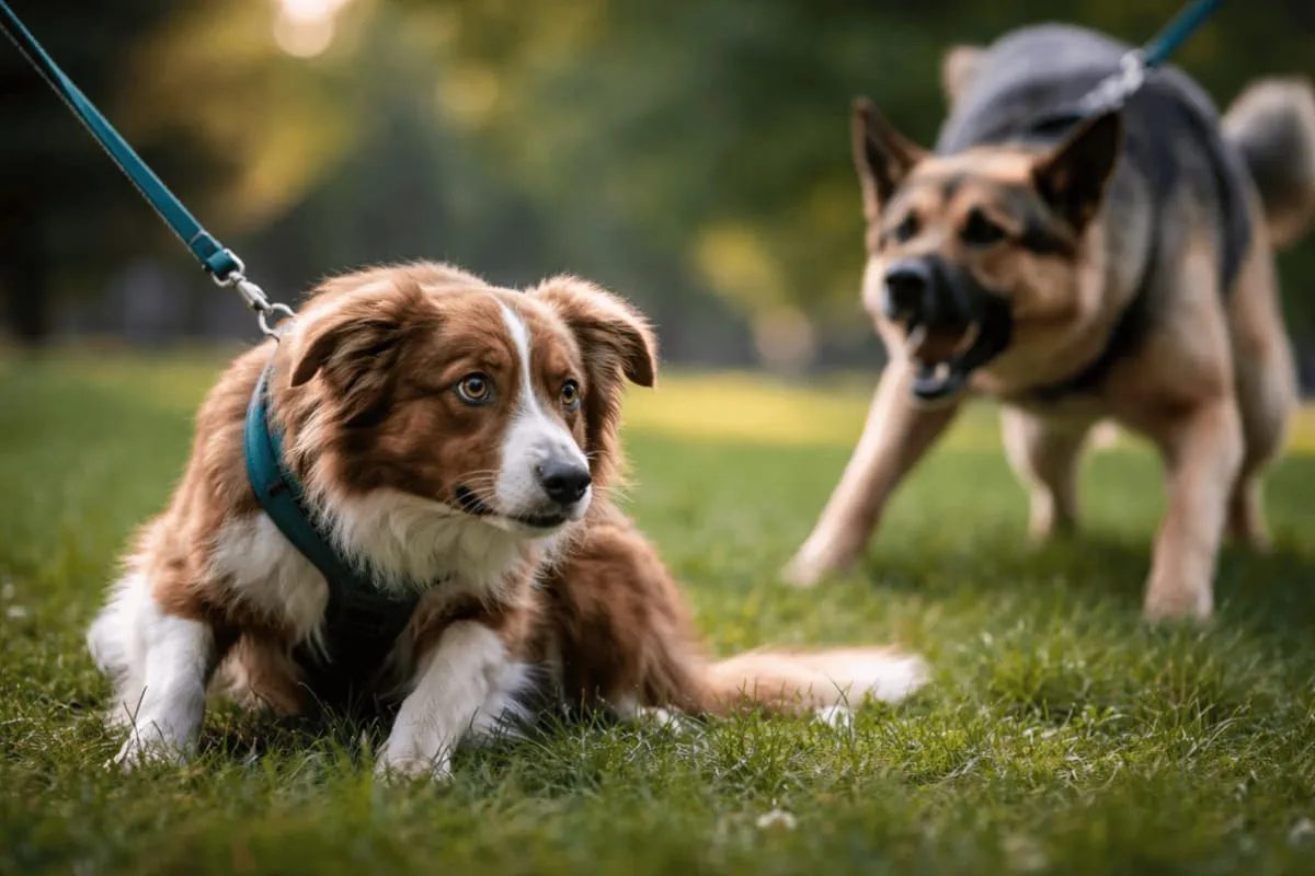 A fearful dog crouches on the grass while another dog lunges and barks in the background – a typical stress and reactivity situation in dog training