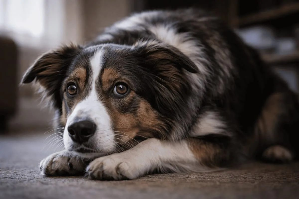 An anxious dog lying indoors with wide eyes and lowered posture, showing signs of fear and stress in a calm home environment.