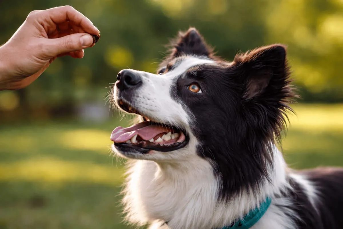 Border Collie focused on a treat during training, showing high attention and anticipation in a natural outdoor setting