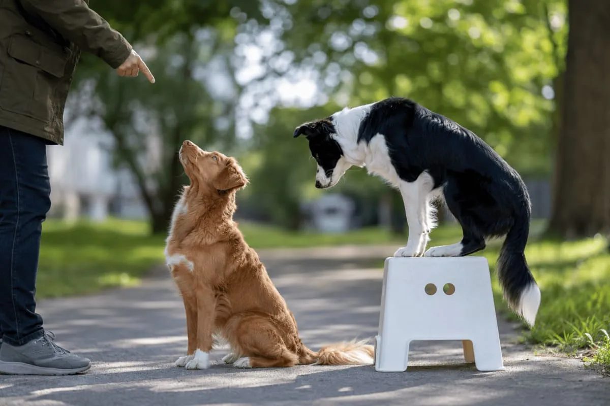 A dog trainer demonstrates a behavior to two attentive dogs in a sunlit park. One dog sits and watches the trainer closely while a Border Collie stands on a platform observing the interaction, illustrating social learning and observational learning in dogs.