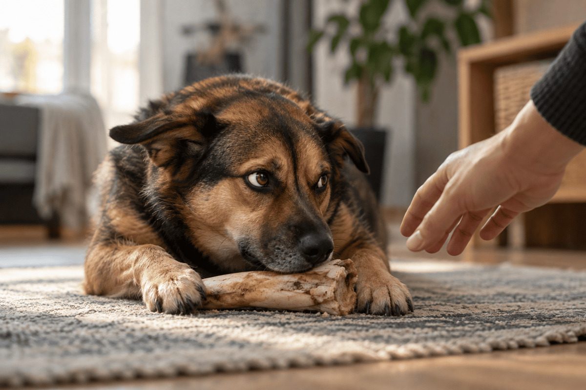 Dog lying protectively over a bone on a living room rug while a human hand reaches toward it, illustrating early resource guarding behavior in a home setting.