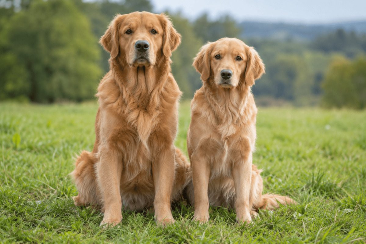 Two golden retrievers of different sexes sit side by side on a green meadow.