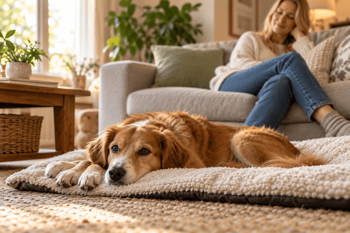 Entspannter Hund liegt auf einer weichen Decke im Wohnzimmer, während seine Halterin ruhig im Hintergrund sitzt.
