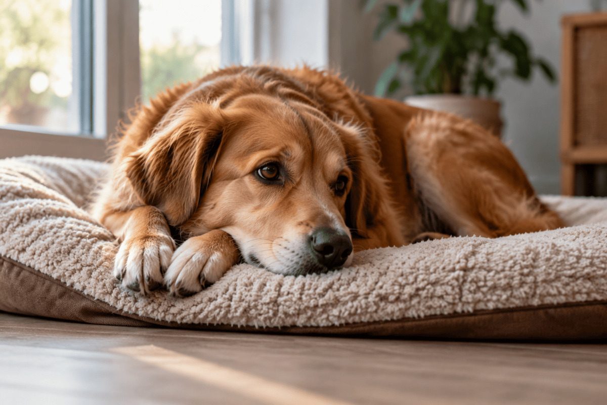 A dog lies quietly on a soft dog bed with its head and front paws resting. Its gaze is turned slightly to the side while warm daylight comes through a window. In the background are blurred house plants and a comfortable living room. The image shows a dog in a quiet posture, possibly withdrawn, as an example of subtle behavioral change.