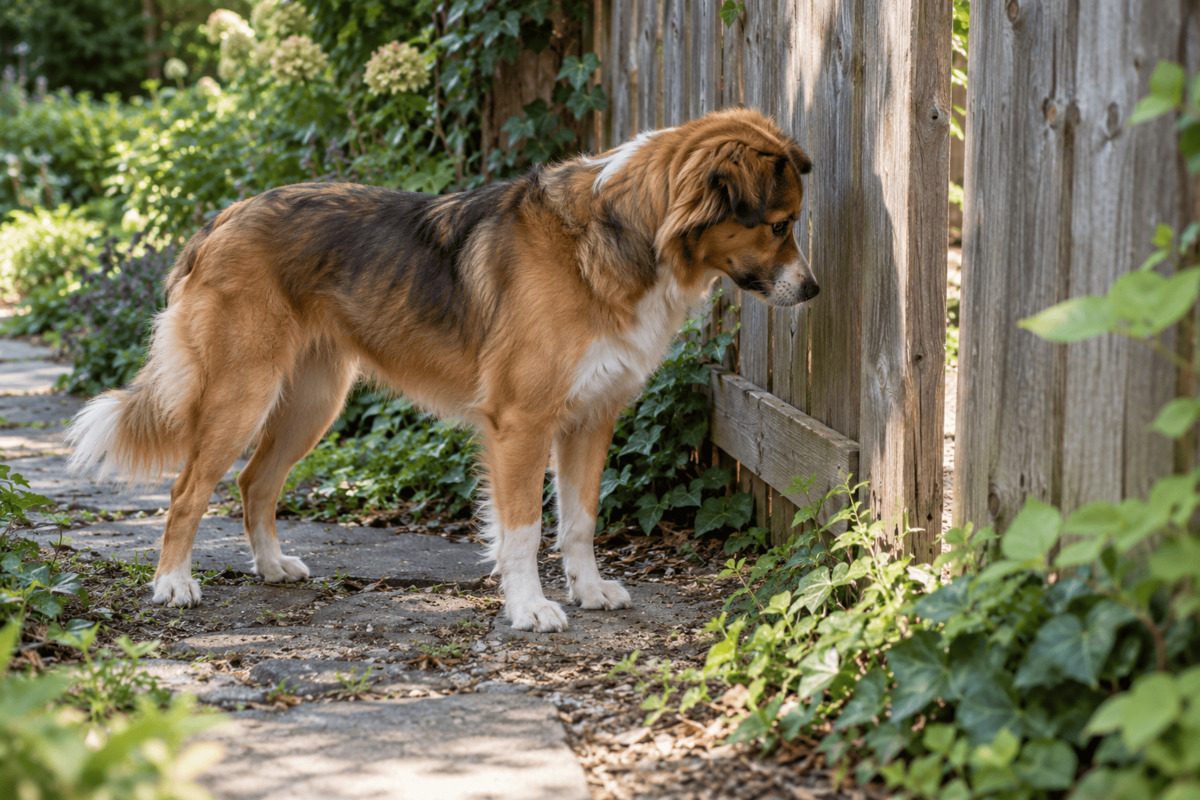 Hund steht aufmerksam vor einem Holzzaun im Garten und untersucht eine schmale Öffnung zwischen den Brettern. Der Hund nutzt seine Körperwahrnehmung, um die Größe der Lücke einzuschätzen. Natürliches Tageslicht.