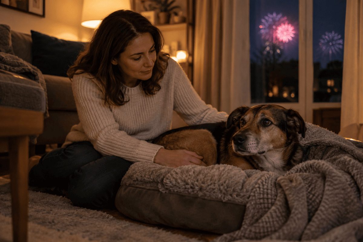 Hund liegt während eines Feuerwerks aufmerksam in seinem Hundebett, während eine Bezugsperson ihn ruhig begleitet und berührt. Im Hintergrund sind durch das Fenster unscharfe Feuerwerkslichter zu sehen.