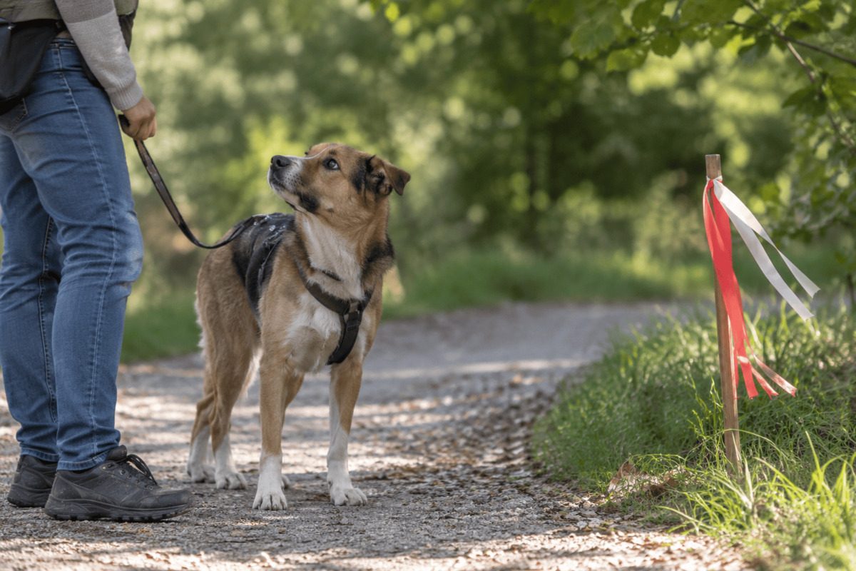 A dog stands on a forest path next to its person and looks up at them attentively. In front of the dog, an unfamiliar object with fluttering red and white ribbons sits at the edge of the path. The dog's calm posture shows it orienting to the human in an unfamiliar situation. In the background is a blurred green forest in natural daylight.