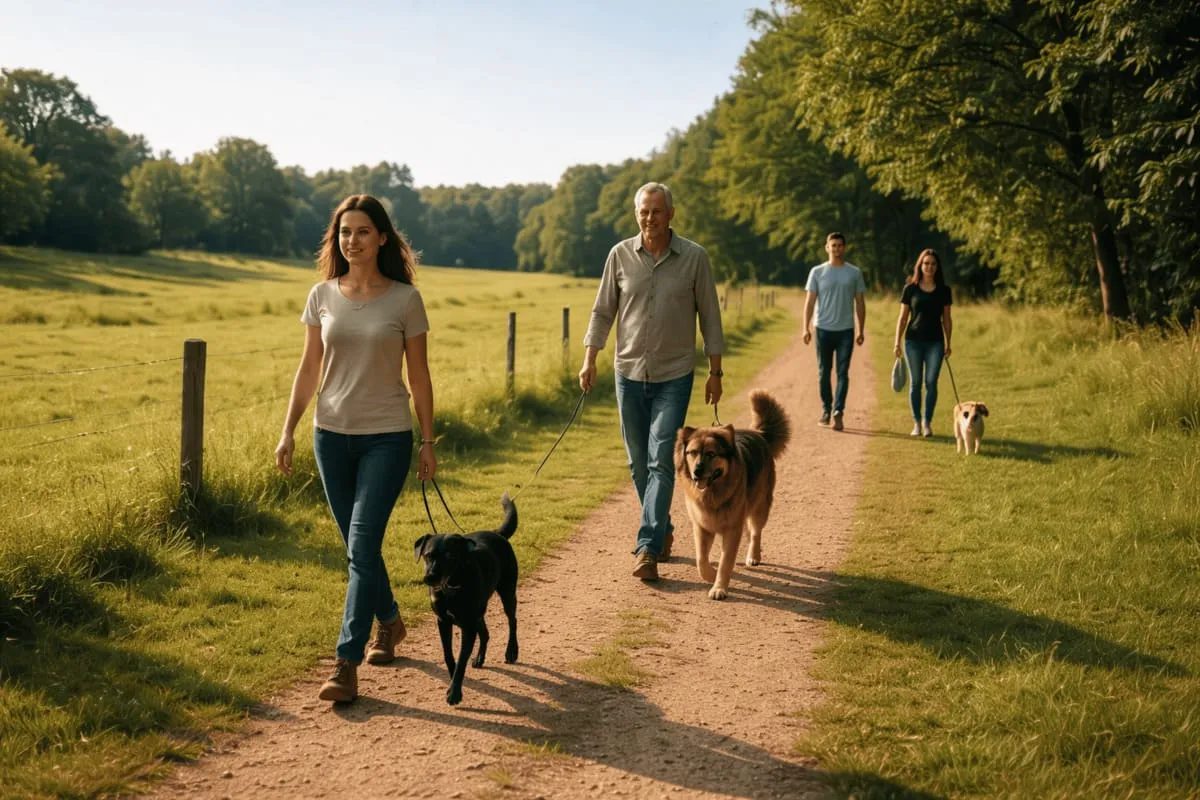 Social Walk unterHUNDs – fünf Personen gehen entspannt hintereinander über einen sonnigen Feldweg, jeder führt einen Hund an lockerer Leine