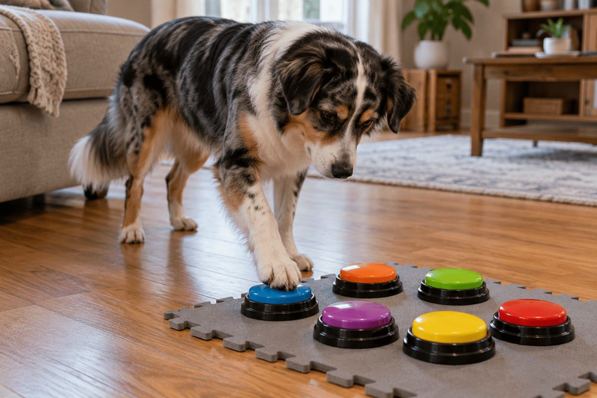 Hund drückt mit der Vorderpfote einen farbigen Soundboard-Knopf auf einer Matte im Wohnzimmer.