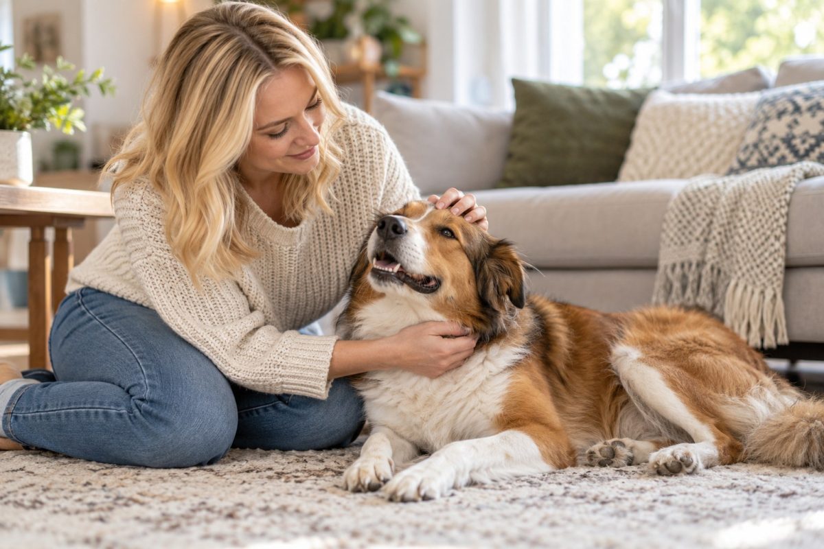A blonde woman gently strokes a relaxed dog on the head and chest in a living room.