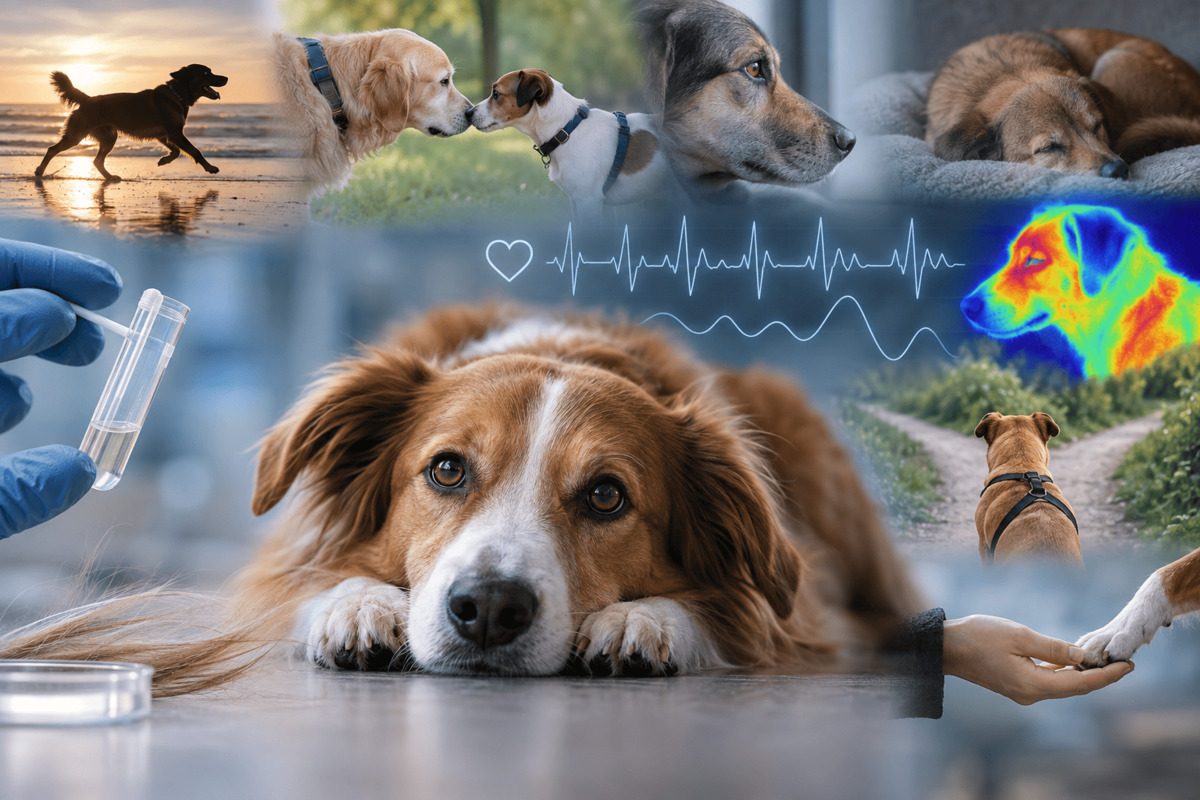 Collage zur Stressmessung beim Hund mit Speichelprobe, Herzfrequenzkurve, Wärmebild und verschiedenen Verhaltenssituationen.