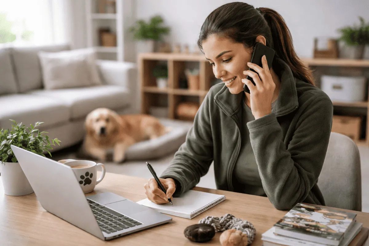 Telefonberatung Hundetraining – Frau telefoniert und plant Training mit Hund im Alltag