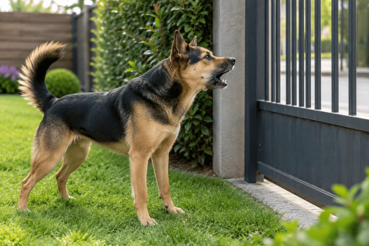 Ein schwarz-brauner Schäferhundmischling steht im Garten vor einem dunklen Metalltor und bellt mit erhobener Rute in Richtung Straße.