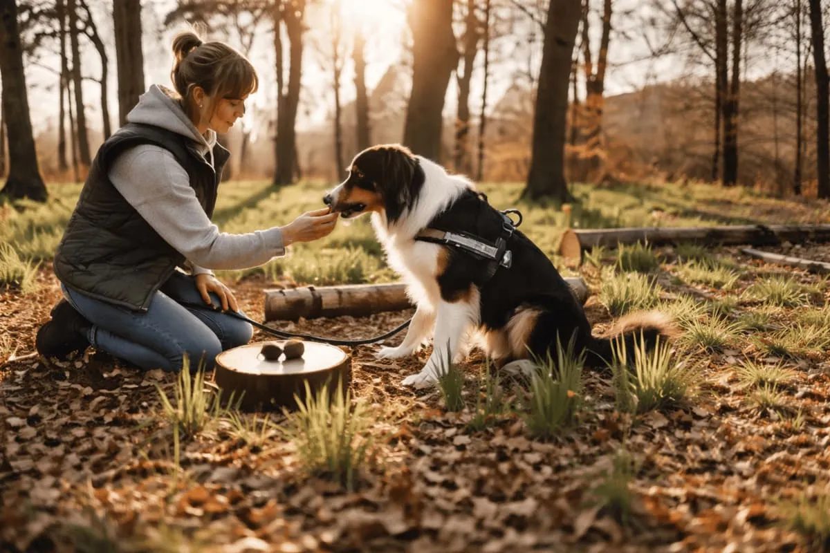 Therapeutisches Mantrailing im Saarland – Hund trainiert konzentrierte Nasenarbeit im Wald mit Trainerin