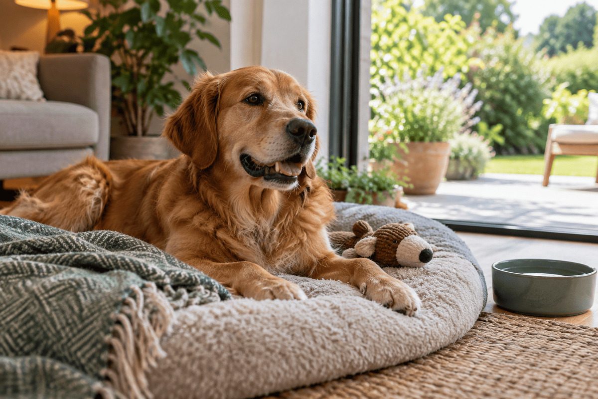 Ein Golden Retriever liegt entspannt auf einem weichen Hundebett in einem hellen Wohnraum direkt an einer geöffneten Terrassentür. Neben ihm liegen ein Kuscheltier und ein Wassernapf, im Hintergrund sind Pflanzen, Gartenblick und warmes Tageslicht zu sehen. Die Szene vermittelt Ruhe, Komfort und eine hundefreundliche Umgebung.