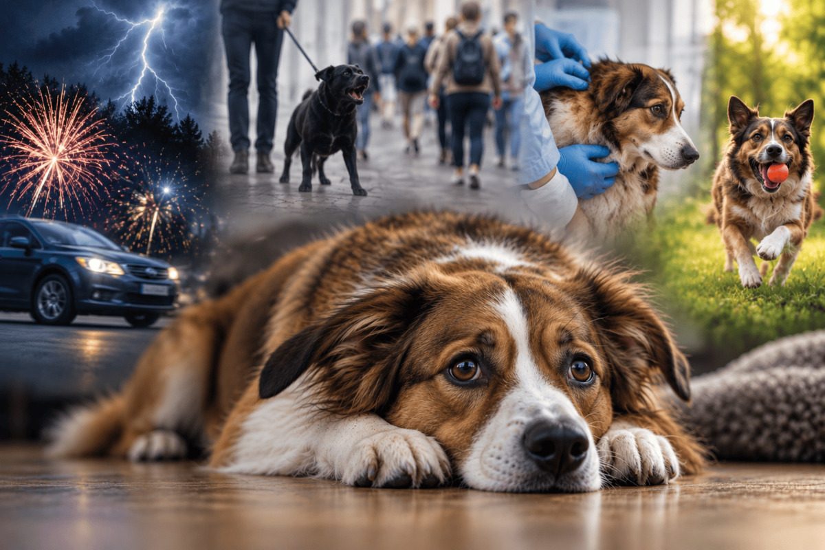 Stressed dog lying on the floor while common stressors such as fireworks, traffic, crowds, another dog and veterinary handling appear in the background.