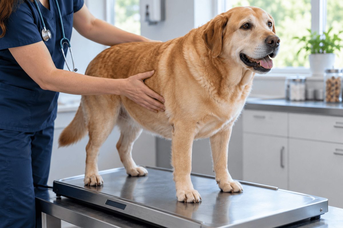 Leicht übergewichtiger Labrador steht auf einer tierärztlichen Waage, während eine Fachperson den Körperzustand am Brustkorb und an der Flanke beurteilt. Helle Tierarztpraxis.