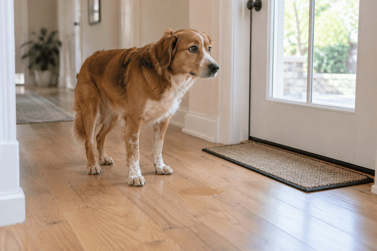 A dog stands in a bright hallway next to the closed front door and looks attentively at the door. A small puddle of urine is visible on the wooden floor beside him.