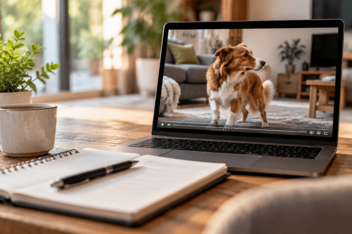 Ein Laptop auf einem Holztisch zeigt ein Video eines Hundes in einer Wohnumgebung. Daneben liegen ein geöffnetes Notizbuch und ein Stift, während eine Tasse und eine Pflanze im Vordergrund stehen. Die ruhige Arbeitsplatzszene zeigt die Analyse von Hundeverhalten anhand einer Videoaufnahme im häuslichen Umfeld.