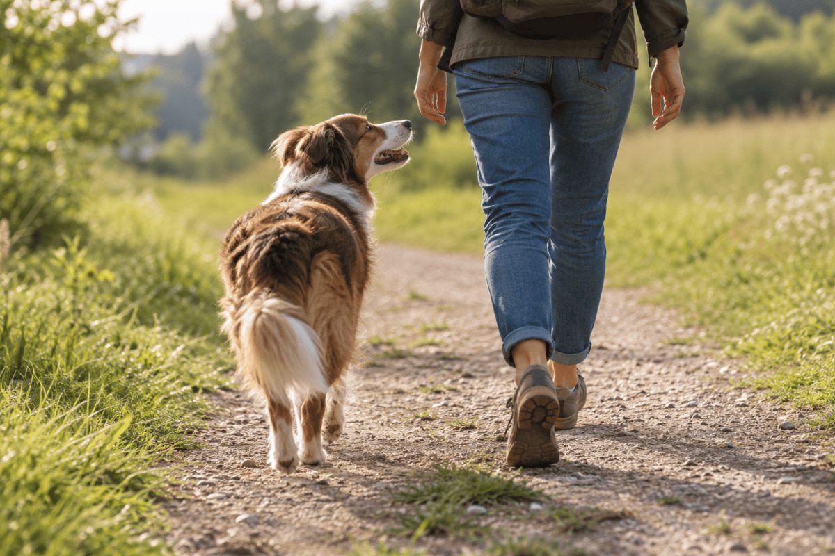 A brown and white dog walks attentively beside its person on a sunny nature path and looks up at them. The shared movement illustrates behavioral synchronization between humans and dogs.