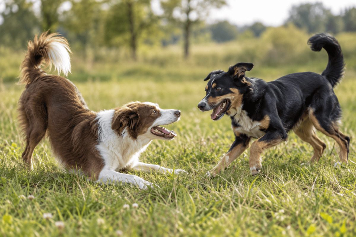 Two dogs play on a meadow. The brown and white dog performs a typical play bow with its front end lowered and its rear raised, while the black and brown dog faces it with an open mouth and a loose, relaxed posture.