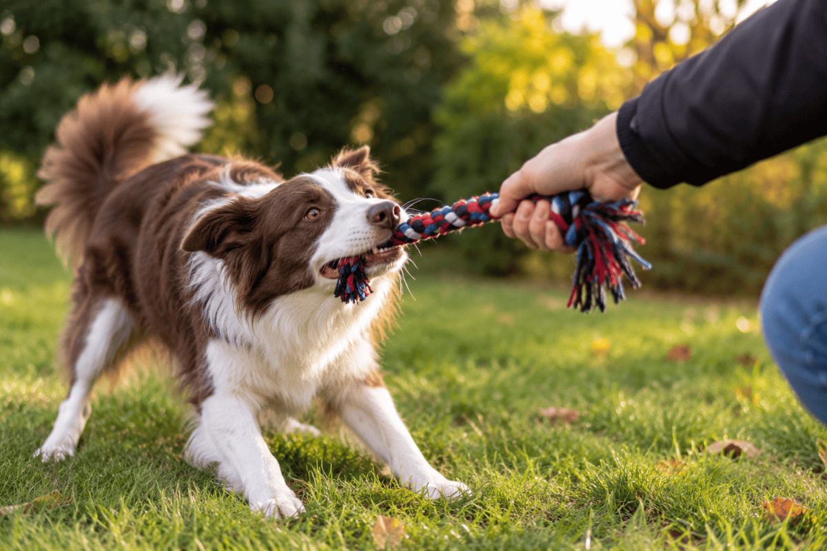 A dog plays tug with a person outdoors, holding a braided rope toy firmly in its mouth.