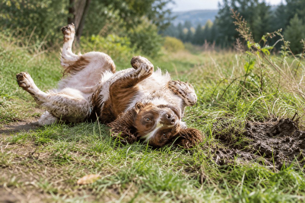 A brown and white dog rolls on its back in the grass next to a patch of churned-up soil. Its legs stick up in the air while its head rests sideways on the ground.