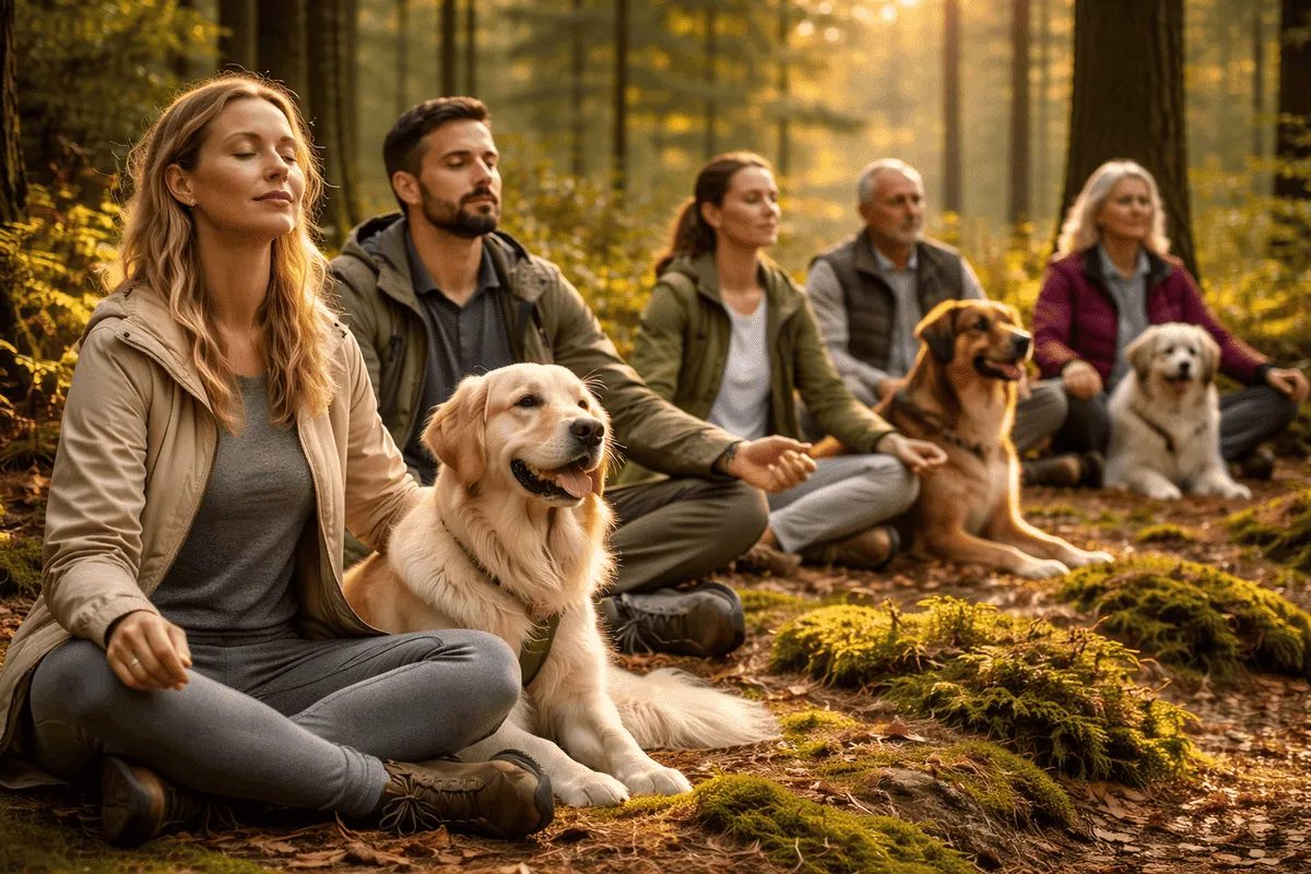 Gruppe von Menschen mit Hunden beim Waldbaden im ruhigen Wald im Kreis Merzig-Wadern, entspannte Atmosphäre und achtsames Zusammensein