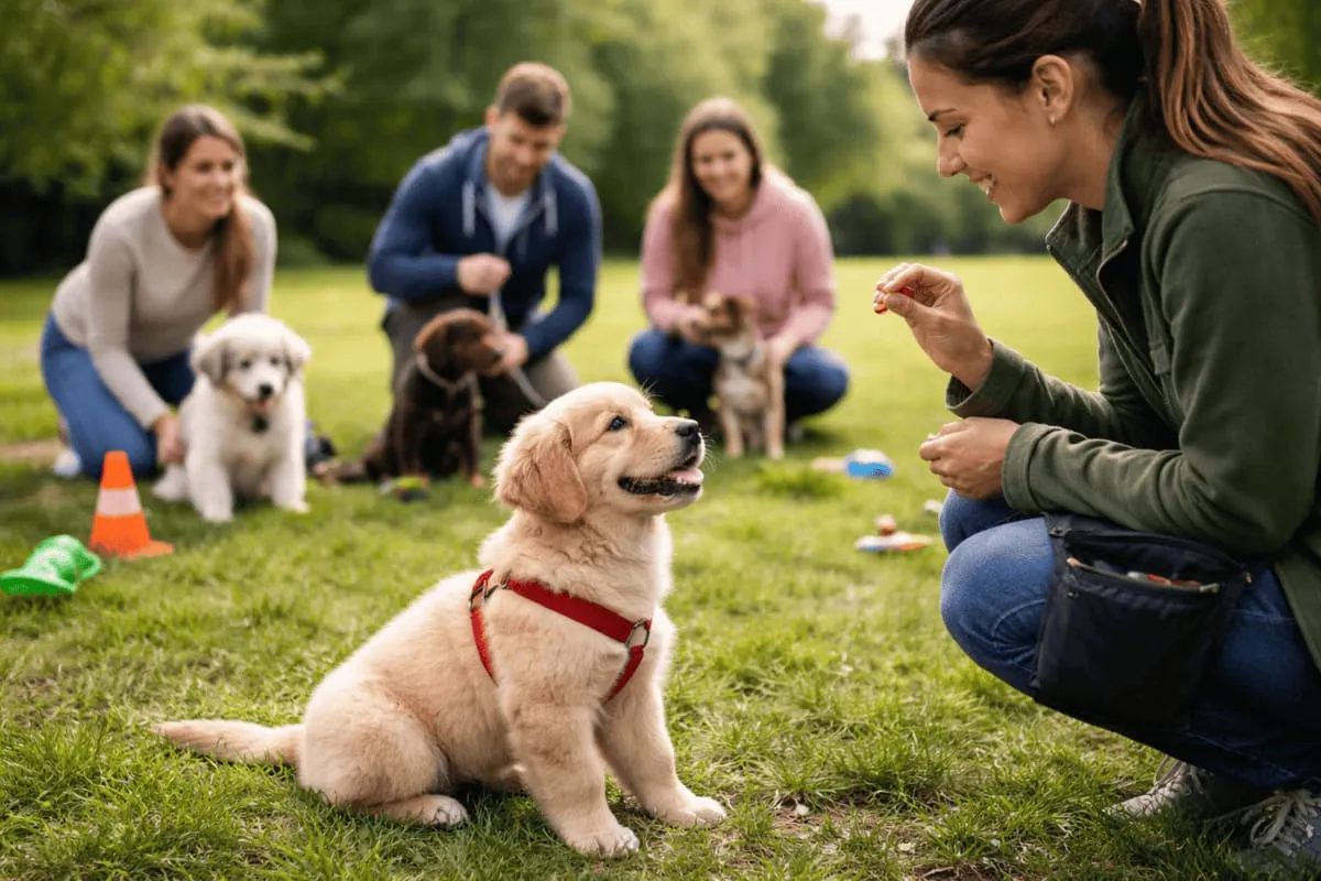 Welpen und ihre Menschen beim Training auf der Wiese