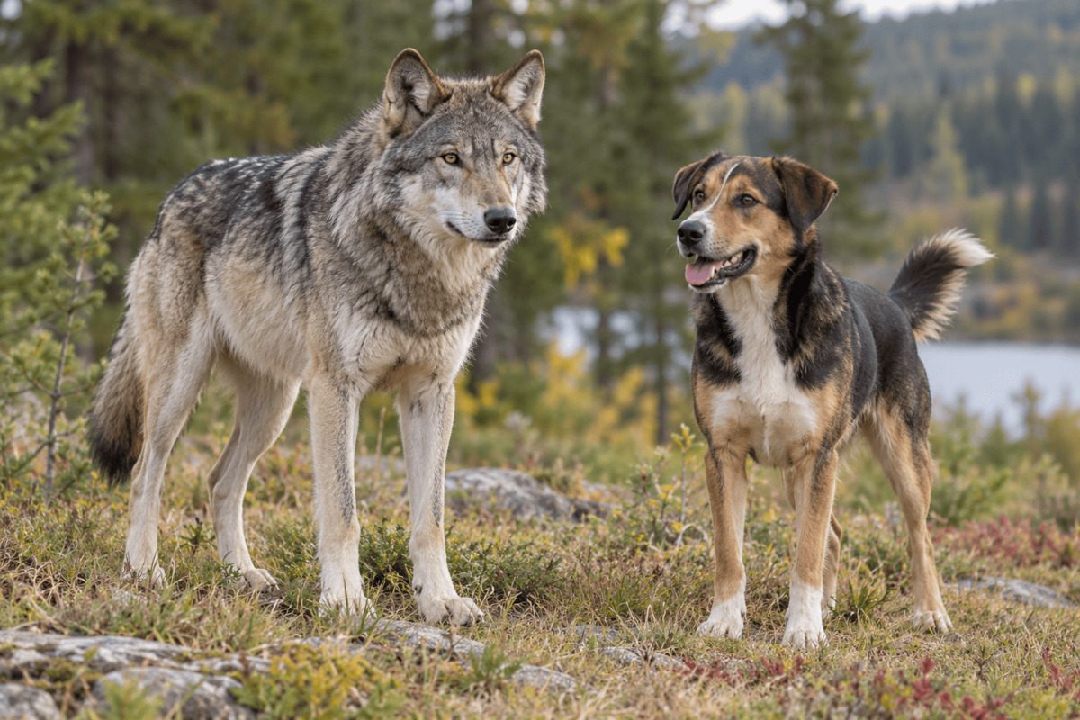 A gray wolf and a brown, black and white domestic dog stand side by side in a forest clearing. The image shows differences in build, coat, ear position and facial expression between wolf and dog.