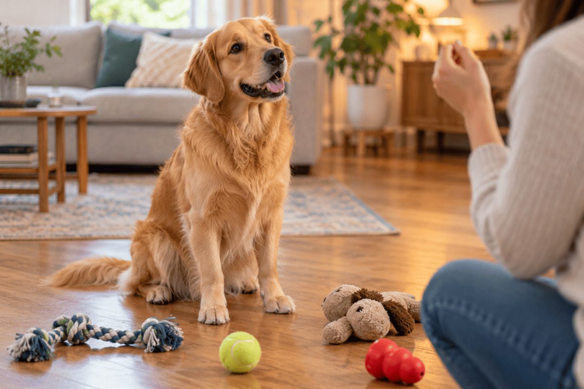 Ein Golden Retriever sitzt aufmerksam auf einem Holzboden in einem hellen Wohnzimmer und schaut zu einer Person am rechten Bildrand. Vor ihm liegen verschiedene Hundespielzeuge wie ein Ball, ein Seil und Stofftiere. Die entspannte Wohnumgebung mit Sofa, Pflanzen und warmem Licht vermittelt eine gemeinsame Spielsituation zwischen Hund und Mensch.