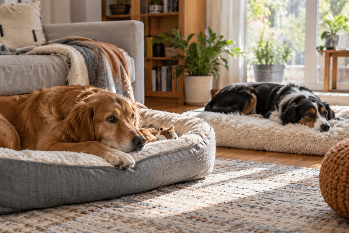 Zwei Hunde liegen entspannt auf getrennten Hundebetten in einem hellen Wohnzimmer und ruhen mit Abstand voneinander.