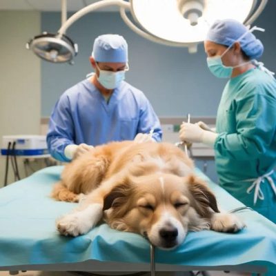 Tierarztteam führt eine Kastration bei einem Rüden im Operationssaal durch – Hund liegt unter Narkose auf dem OP-Tisch