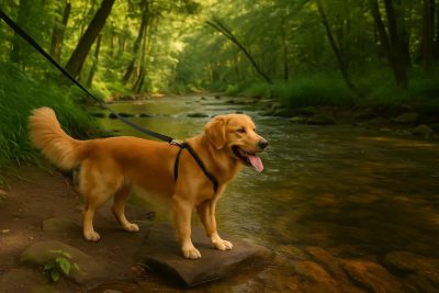 Ein Golden Retriever steht in einem Bach und genießt einen kühlen Spaziergang bei warmem Wetter.