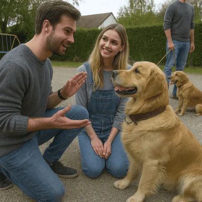 Teilnehmerin beobachtet Hundetraining im Freien mit Trainerin und zwei Hunden während einer Hospitation