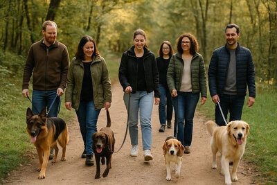 Geführte Gruppenwanderung mit Hunden im Saarland, Mensch-Hund-Gruppe auf Waldweg unterwegs