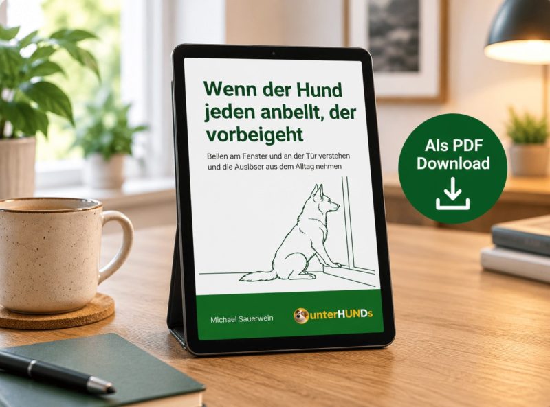 Tablet mit der Titelseite des Arbeitshefts Wenn der Hund jeden anbellt, der vorbeigeht